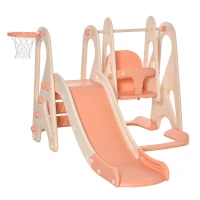 HOMCOM Columpio y Tobogán para Niños de +18 Meses Canasta de Baloncesto 3 en 1 con Asiento Ajustable Parque Infantil Interior y Exterior 158x117x97 cm Coral(m-1)