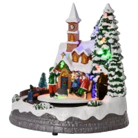 HOMCOM Pueblo Navideño Escena Navideña Iluminado con Luces LED Árbol de Navidad Música y Tren Móvil Decoración Navideña sobre Mesa 19,3x17,9x20,2 cm Multicolor(m-10)