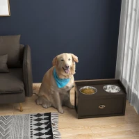 PawHut Comedouro Elevado para Cães com 2 Tigelas 2000ml de Aço Inoxidável Gaveta Oculta com Suporte de Madeira 60x30x36cm Marrom Escuro(m-2)