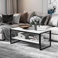 HOMCOM Mesa de Centro Moderno Mesa Baja de Salón con Encimera de Imitación Mármol con Estructura de Metal 106x50x45 cm Blanco(m-2)