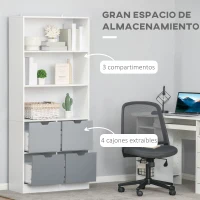 HOMCOM Armario de Libros con 4 Cajones 3 Estantes de Almacenaje y Balda Ajustable Mueble Organizador para Oficina Salón Estudio 76x30x173 cm Blanco(m-5)