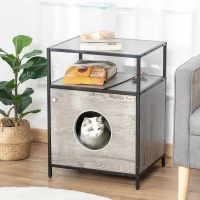 PawHut Casa para Gatos de Madera con Apariencia de Mesa Auxiliar con 2 Estantes de Almacenaje Cueva Gatos con Cojín Extraíble y Lavable 48x40x65,5 cm Roble Gris(m-2)