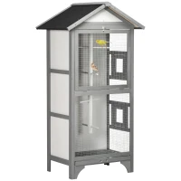 PawHut Gaiola para Pássaros de Madeira com 3 Portas 4 Poleiros Bandeja Amovível e Teto Asfáltico 80,5x57x153 cm Cinza Claro(m-11)