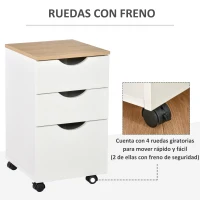 HOMCOM Armario Móvil para Oficina con 3 Cajones Ruedas Universales Freno Cajonera para Organizar Documentos 34x40x60,5 cm Blanco y Natural(m-5)