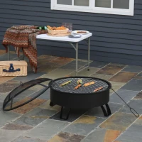 Outsunny Brasero Exterior Ø76x49,5 cm 2 EN 1 Profundidad del Cuenco 18 cm con Rejilla de Cocina Parrilla para Barbacoa Calefacción Tapa de Malla Atizador de Fuego para Patio Jardín Negro(m-2)