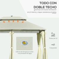 Outsunny Carpa de Jardín con Luces LED Solar 4x3 m Cenador con Doble Techo 6 Cortinas Laterales y Marco de Acero para Patio Terraza Color Crema(m-4)