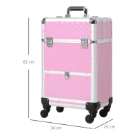 HOMCOM Mala de Maquilhagem Profissional com Gaveta Mala de Maquilhagem com Rodas para Viagem Trabalho 34x25x62 cm Rosa(m-3)