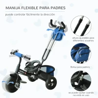 HOMCOM Triciclo para Bebés de +18 Meses con Mango de Empuje Telescópico y Desmontable Bolso y Portabotellas Azul(m-5)