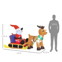HOMCOM Decoración Navideña Inflable Papá Noel con Reno 8 Luces LED Iluminación Navideña Interior y Exterior 190x72x122cm(m-3)