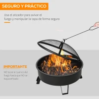 Outsunny Brasero Exterior Ø76x49,5 cm 2 EN 1 Profundidad del Cuenco 18 cm con Rejilla de Cocina Parrilla para Barbacoa Calefacción Tapa de Malla Atizador de Fuego para Patio Jardín Negro(m-5)