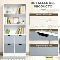 HOMCOM Armario de Libros con 4 Cajones 3 Estantes de Almacenaje y Balda Ajustable Mueble Organizador para Oficina Salón Estudio 76x30x173 cm Blanco(m-7)