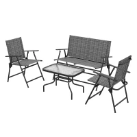 Outsunny Outdoor 4 Pieces Patio Furniture Set with Breathable Mesh Fabric Seat & Backrest, Garden Set with Two Foldable Armchairs, a Loveseat & Glass Top Table, Mixed Grey(m-1)