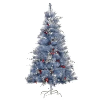 HOMCOM Árbol de Navidad Artificial 150 cm con 222 Ramas Ignífugas 36 Sets de Bayas Decorativas y Hojas Plateadas Árbol de Pino Navideño con Base Plegable Soporte de Metal Gris(m-1)