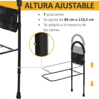 HOMCOM Barandilla Asidera de Cama para Acostarse y Levantarse con Altura Regulable Riel para Cama con Correa de Hebilla y Bolsillo 72x36x86-110,5 cm Negro(m-4)