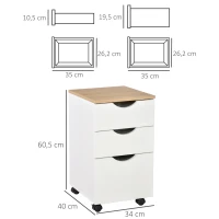 HOMCOM Armario Móvil para Oficina con 3 Cajones Ruedas Universales Freno Cajonera para Organizar Documentos 34x40x60,5 cm Blanco y Natural(m-3)