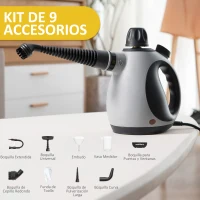 HOMCOM Limpiador a Vapor de Mano 1050W Vaporeta de Limpieza 3,2 Bares de Presión con Tanque de 350 ml y 9 Accesorios Multiuso para Sofá Asientos Coche Cocina 30x15x21 cm Negro y Gris(m-4)