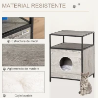 PawHut Casa para Gatos de Madera con Apariencia de Mesa Auxiliar con 2 Estantes de Almacenaje Cueva Gatos con Cojín Extraíble y Lavable 48x40x65,5 cm Roble Gris(m-6)