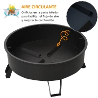 Outsunny Brasero Exterior Ø76x49,5 cm 2 EN 1 Profundidad del Cuenco 18 cm con Rejilla de Cocina Parrilla para Barbacoa Calefacción Tapa de Malla Atizador de Fuego para Patio Jardín Negro(m-6)