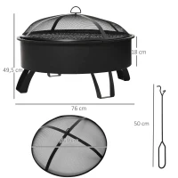 Outsunny Brasero Exterior Ø76x49,5 cm 2 EN 1 Profundidad del Cuenco 18 cm con Rejilla de Cocina Parrilla para Barbacoa Calefacción Tapa de Malla Atizador de Fuego para Patio Jardín Negro(m-3)
