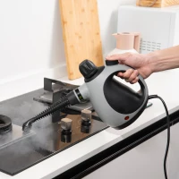 HOMCOM Limpiador a Vapor de Mano 1050W Vaporeta de Limpieza 3,2 Bares de Presión con Tanque de 350 ml y 9 Accesorios Multiuso para Sofá Asientos Coche Cocina 30x15x21 cm Negro y Gris(m-2)