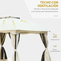 Outsunny Cenador de Jardín 3x3,7x2,8 m Gazebo Pabellón de Exterior con Techo 4 Paredes Laterales 4 Mosquiteras Gancho y Marco Metálico para Patio Crema(m-4)