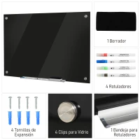 Vinsetto Pizarra de Cristal con Bandeja Pizarra de Pared sin Marco Incluye 4 Rotuladores y Borrador 90x60x0,45 cm Negro(m-5)