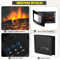 HOMCOM Chimenea Eléctrica tipo Estufa de Pared con Efecto Leña Ardiendo y Mando a distancia 900W/1800W 65x11,4x52cm(m-6)