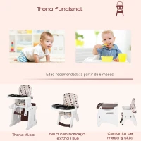 HOMCOM Trona para Bebés 2 en 1 para 6 Meses a 6 Años Transformable en Mesa y Silla Multifuncional Ajustable en 3 Posiciones Respaldo Alto Acolchado con 2 Bandejas Extraíbles 57x59x105 cm Café(m-4)