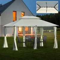 Outsunny Carpa de Jardín con Luces LED Solar 4x3 m Cenador con Doble Techo 6 Cortinas Laterales y Marco de Acero para Patio Terraza Color Crema(m-2)