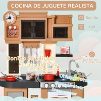 HOMCOM Cocina de Juguete 58 Piezas para Niños de +3 Años Cocinita de Juguete con Luz Sonidos Fregadero Grifo con Agua Nevera y Horno 63x35x84 cm Marrón(m-5)