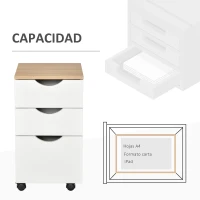 HOMCOM Armario Móvil para Oficina con 3 Cajones Ruedas Universales Freno Cajonera para Organizar Documentos 34x40x60,5 cm Blanco y Natural(m-4)