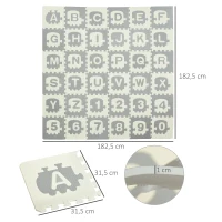 HOMCOM Alfombra Puzzle para Bebés 36 Piezas 31,5x31,5 cm con 26 Letras (A-Z) y Números 0 al 9 Juego Ronpecabezas Infantil de 3,24 m² Espuma EVA Suave Gris y Blanco(m-3)