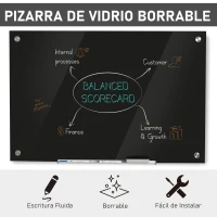 Vinsetto Pizarra de Cristal con Bandeja Pizarra de Pared sin Marco Incluye 4 Rotuladores y Borrador 90x60x0,45 cm Negro(m-4)