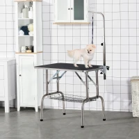 PawHut Mesa de Peluquería para Mascotas Mesa de Aseo Plegable con Patas de Acero Inoxidable Estable Aguilón Ajustable Estante de Almacenaje Carga 150 kg 90x60x75 cm Negro(m-2)