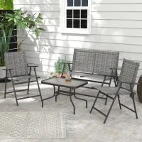 Outsunny Outdoor 4 Pieces Patio Furniture Set with Breathable Mesh Fabric Seat & Backrest, Garden Set with Two Foldable Armchairs, a Loveseat & Glass Top Table, Mixed Grey(m-10)
