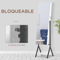 HOMCOM Espejo Joyero de Pie Cuerpo Entero Ajustable en Ángulo Armario de Joyería con Estante Inferior Cerradura Magnética Ranuras y Cajas para Joyas 47x36x157 cm Blanco y Negro(m-6)