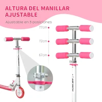 HOMCOM Patinete para Niños +3 Años Plegable Patinete Scooter con 2 Ruedas LED Manillar Altura Ajustable y Freno Posterior Carga 50 kg 61x32,3x67-77 cm Rosa y Blanco(m-4)