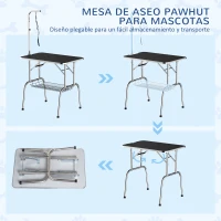 PawHut Mesa de Peluquería para Mascotas Mesa de Aseo Plegable con Patas de Acero Inoxidable Estable Aguilón Ajustable Estante de Almacenaje Carga 150 kg 90x60x75 cm Negro(m-4)