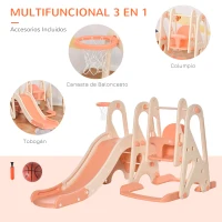 HOMCOM Columpio y Tobogán para Niños de +18 Meses Canasta de Baloncesto 3 en 1 con Asiento Ajustable Parque Infantil Interior y Exterior 158x117x97 cm Coral(m-4)