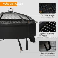 Outsunny Brasero Exterior Ø76x49,5 cm 2 EN 1 Profundidad del Cuenco 18 cm con Rejilla de Cocina Parrilla para Barbacoa Calefacción Tapa de Malla Atizador de Fuego para Patio Jardín Negro(m-7)