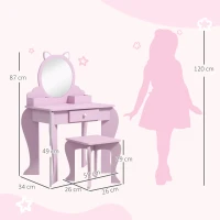 ZONEKIZ Kids Vanity Table with Mirror, Stool, Drawer, Storage Boxes, Cat Design, for Ages 3-6 Years - Pink(m-3)