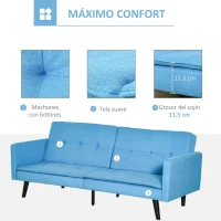 HOMCOM Sofá Cama de 3 Plazas Tapizado en Tela con Respaldo Ajustable en 3 Posiciones y Patas de Madera Sofá Moderno para Salón Oficina 198x81x81 cm Azul(m-6)