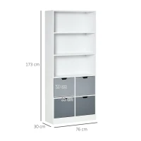 HOMCOM Armario de Libros con 4 Cajones 3 Estantes de Almacenaje y Balda Ajustable Mueble Organizador para Oficina Salón Estudio 76x30x173 cm Blanco(m-3)