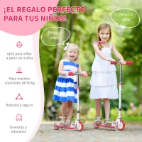 HOMCOM Patinete para Niños +3 Años Plegable Patinete Scooter con 2 Ruedas LED Manillar Altura Ajustable y Freno Posterior Carga 50 kg 61x32,3x67-77 cm Rosa y Blanco(m-8)
