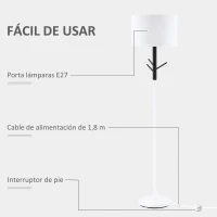 HOMCOM Lámpara de Pie con Ganchos para Colgar Ropa Sombreros Pantalla de Tela Casquillo E27 Máx. 40W e Interruptor de Pie Moderno para Salón Dormitorio Ø38x158 cm Blanco(m-5)
