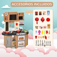 HOMCOM Cocina de Juguete 58 Piezas para Niños de +3 Años Cocinita de Juguete con Luz Sonidos Fregadero Grifo con Agua Nevera y Horno 63x35x84 cm Marrón(m-4)
