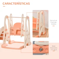 HOMCOM Columpio y Tobogán para Niños de +18 Meses Canasta de Baloncesto 3 en 1 con Asiento Ajustable Parque Infantil Interior y Exterior 158x117x97 cm Coral(m-6)