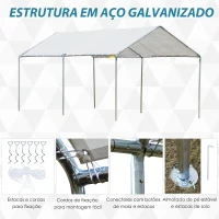 Outsunny Tenda de garagem 3x6 m Impermeável com Toldo de Tecido PE e Estrutura de Aço Galvanizado Branco(m-5)