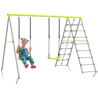 Outsunny 4 in 1 Metal Garden Swing Set with Double Swings Climber Climbing Net Green(m-11)