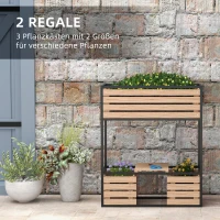 Outsunny Houten Plantenbak met 2 Lagen, 3 Plantenbakken, Opbergplank, Natuurlijk Hout, Metalen Frame, 83B x 39D x 100H cm, Lichtbruin(m-4)